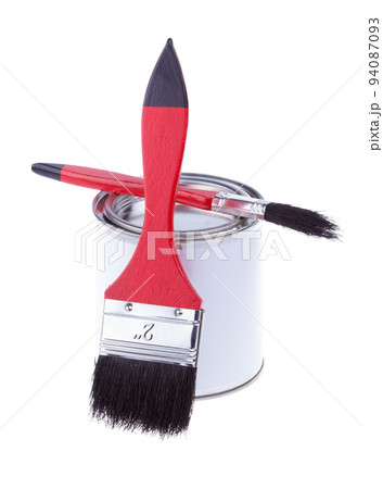 Generic white tin can with paint and flat brushes 94087093