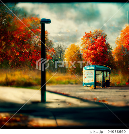 秋の紅葉とバス停 94088660