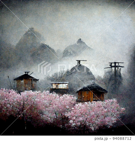 桜が咲いている山と小屋 桜が咲いている山と小屋 94088712