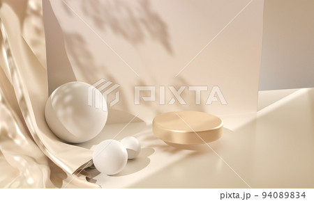 Gold round podium with luxury silk cloth and white geometric spheres on beige background. Natural nude banner backdrop with branch shadow, blank pedestal for display cosmetic product 94089834
