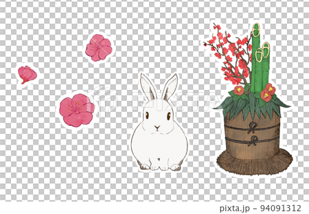 兔子新年賀卡素材插畫白色邊框水彩觸感 兔子新年賀卡素材插畫白色邊框水彩觸感 94091312
