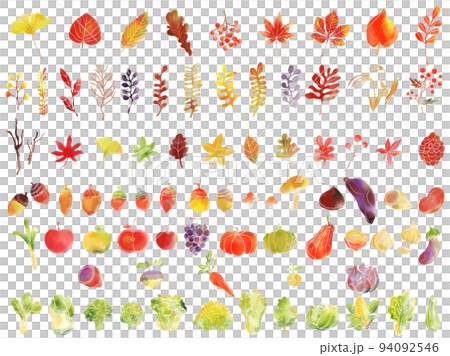 手描き水彩画の秋の紅葉と食べ物のイラストセット 94092546