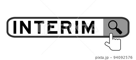 Search banner in word interim with hand over magnifier icon on white background 94092576