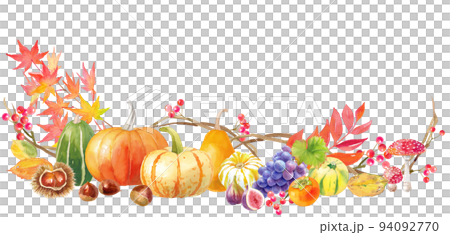 Thanksgiving Day, Halloween decoration watercolor illustration. frame design. Pumpkins, chestnuts, persimmons, grapes 94092770