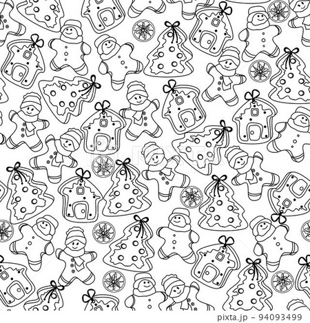 Vector hand drawn seamless pattern. Christmas, winter doodle elements. Isolated on white background. Trees, wreaths, presents, sweets, gingerbread. For background, print, textile, fabrics, gift bags 94093499