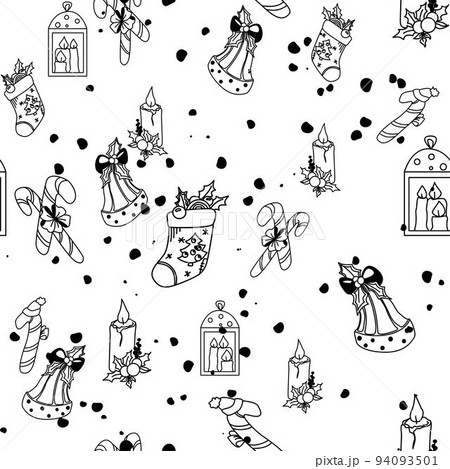 Vector hand drawn seamless pattern. Christmas, winter doodle elements. Isolated on white background. Trees, wreaths, presents, sweets, gingerbread. For background, print, textile, fabrics, gift bags 94093501