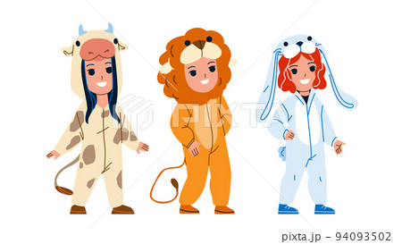 Kids Wearing Funny Animal Pajamas Together Vector 94093502