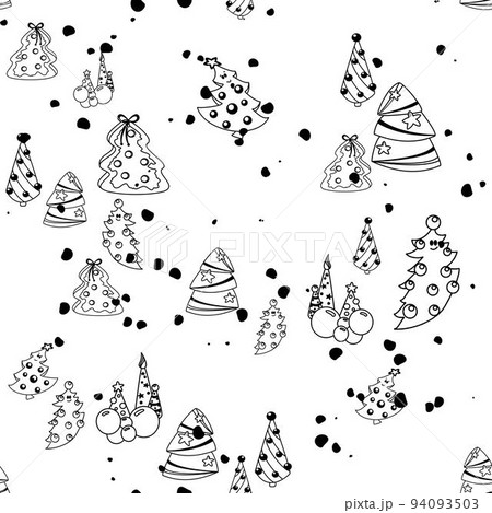 Vector hand drawn seamless pattern. Christmas, winter doodle elements. Isolated on white background. Trees, wreaths, presents, sweets, gingerbread. For background, print, textile, fabrics, gift bags 94093503