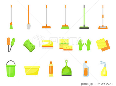 Cleaner equipment icons set cartoon vector. Clean chemicals. Cleaning bucket 94093571