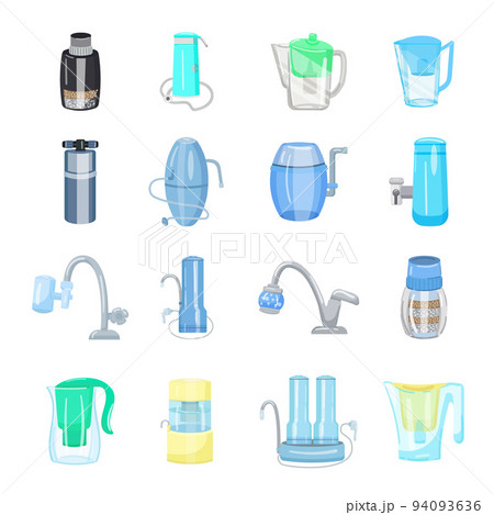 Filter water icons set cartoon vector. System filter. Water purifier Filter water icons set cartoon vector. System filter. Water purifier 94093636