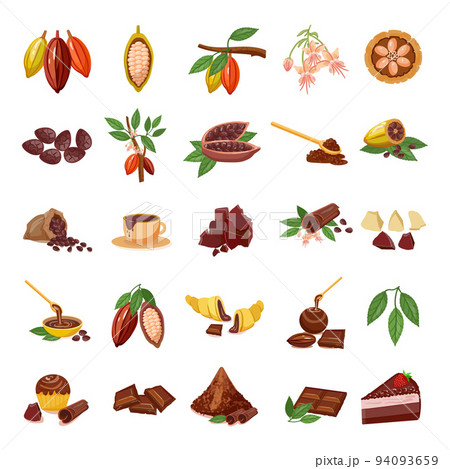 Cocoa icons set cartoon vector. Chocolate leaf. Cacao seed Cocoa icons set cartoon vector. Chocolate leaf. Cacao seed 94093659