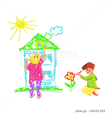 Boy And Girl Children Drawing With Crayon Vector Boy And Girl Children Drawing With Crayon Vector 94095383