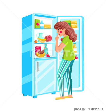 Hungry Woman Looking At Food In Fridge Vector 94095461