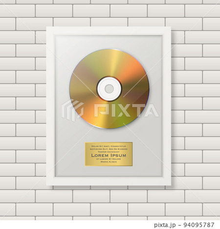 Realistic Vector 3d Golden Yellow CD and Label with White Frame on Brick Wall Background. Single Album Compact Disc Award, Limited Edition. Design Template 94095787