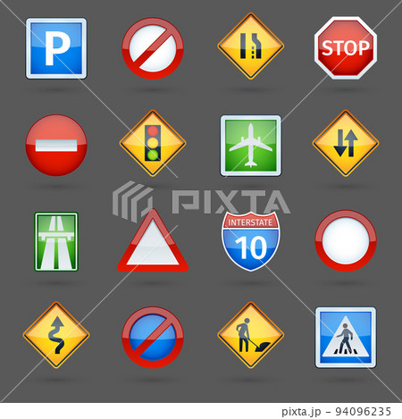 Road traffic signs glossy icons set Road traffic signs glossy icons set 94096235