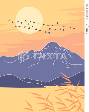 Autumn Landscape with Mountains and Birds Flying Against the Sun Autumn Landscape with Mountains and Birds Flying Against the Sun 94096470