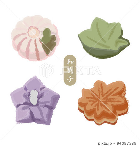 菊、モミジ、菖蒲や葉を形どった色とりどりの和菓子 94097539