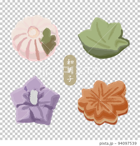 菊、モミジ、菖蒲や葉を形どった色とりどりの和菓子 94097539