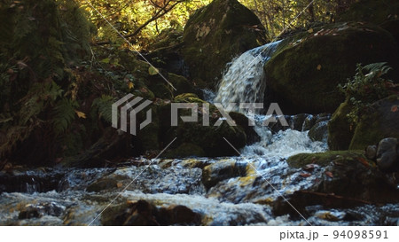 Rapid stream is cascading from the rocks and splashing over the stones. creek is flowing among the forested caucasian mountains. Peaceful landscape in sunny autumn day. 94098591