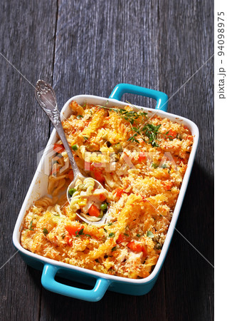 Chicken Pot Pie Fusilli pasta Bake in baking dish 94098975
