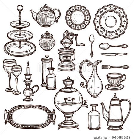 Dishes doodle sketch set print Dishes doodle sketch set print 94099633