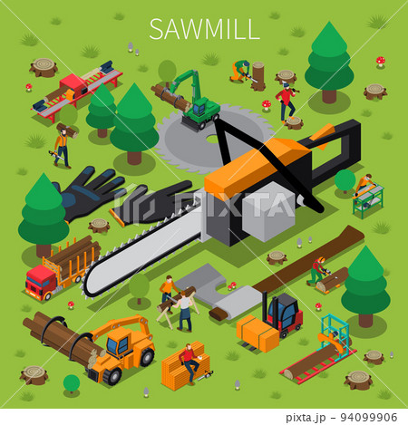 Sawmill Timber Mill Lumberjack Isometric Composition 94099906