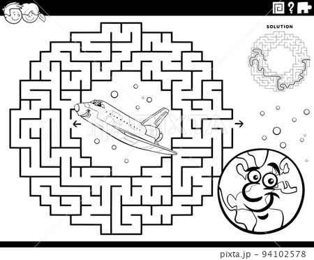 maze with space shuttle and planet Earth coloring page 94102578