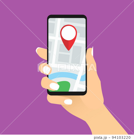 Woman Hand Holding Smartphone with Map and Marker 94103220
