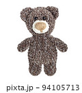 Crocheted from variegated plush threads teddy bear isolated on a white background. Hobby, needlework, hand-made. DIY toy. Gift for a child. 94105713