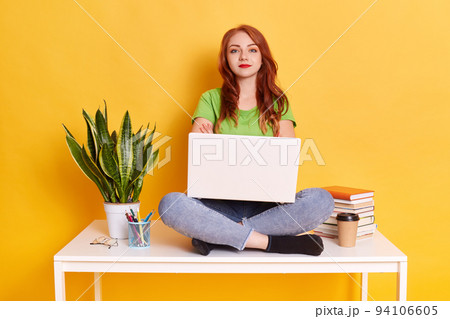 Pleasant looking Caucasian woman using laptop sitting on table working online via laptop against yellow background, wearing casual attire, looks at camera, sits near flower pot and stack of books. Pleasant looking Caucasian woman using laptop sitting on table working online via laptop against yellow background, wearing casual attire, looks at camera, sits near flower pot and stack of books. 94106605