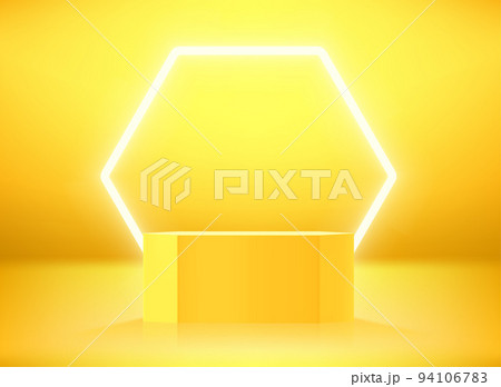 Golden hexagon showcase with neon light. 3d vector illustration with copy space 94106783