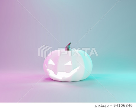 3d Render, Happy Halloween Day White modern scene background with neon light and cute spooky design. Halloween white pumpkins, skull, ghost and spider decorations. Trick or Treat party celebrate. 94106846