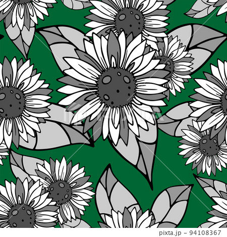 bright seamless background of large black and white inflorescences on a green background, texture, design bright seamless background of large black and white inflorescences on a green background, texture, design 94108367