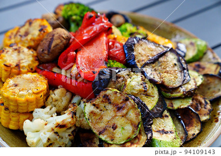 a plate of grilled vegetables. vegetable kebab. simple and delicious food. a plate of grilled vegetables. vegetable kebab. simple and delicious food. 94109143