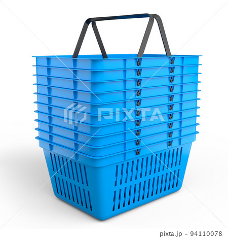 Stack of plastic basket from supermarket for online shopping on white background 94110078