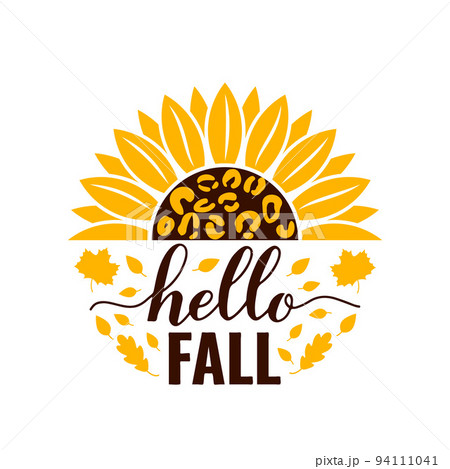 Hello fall round sign with sunflower. Autumn decorations. Vector template for typography poster, banner, etc Hello fall round sign with sunflower. Autumn decorations. Vector template for typography poster, banner, etc 94111041