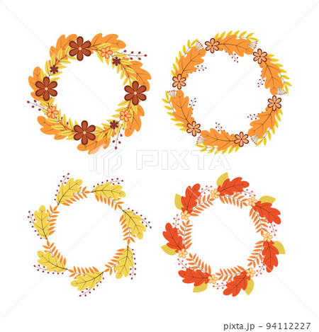 Set of wreaths of colorful autumn leaves and flowers. Fall round frames. Thanksgiving day decorations. Vector elements for your design projects 94112227