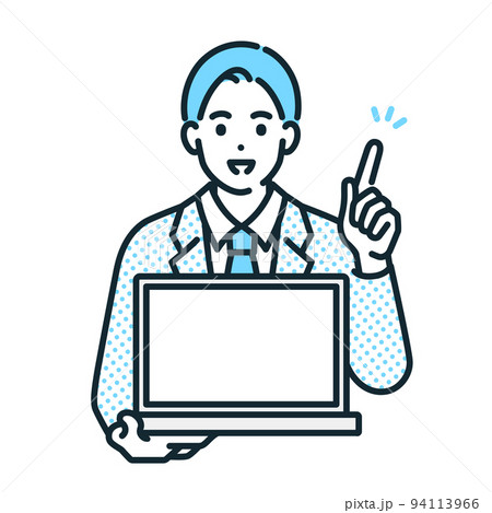 指差しポーズの男性。ノートパソコンとビジネスマンのイラスト素材。 94113966