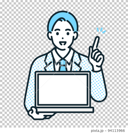 A man with a pointing pose. Illustration material of a laptop and a businessman. 94113966