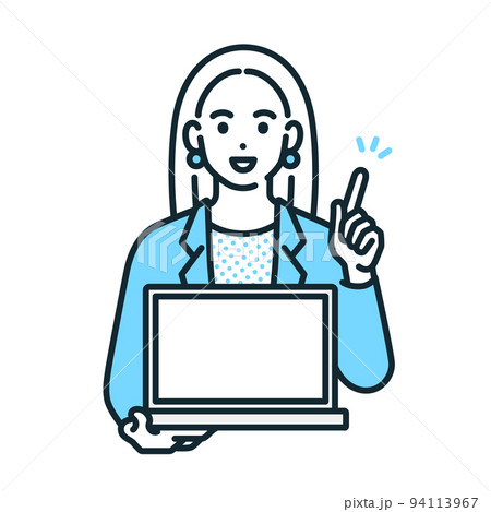 パソコンを手に持ち提案をする女性。ビジネスウーマンのイラスト素材。 パソコンを手に持ち提案をする女性。ビジネスウーマンのイラスト素材。 94113967