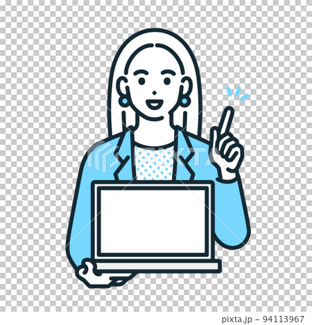 一個女人拿著電腦，提出了一個建議。女商人的插圖素材。 94113967