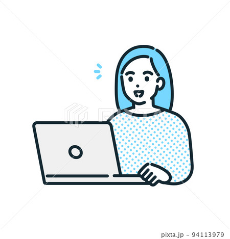 ノートパソコンを操作し仕事をする女性のイラスト素材。 94113979