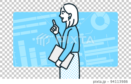 Illustration material of a woman who analyzed data and came up with an idea. 94113986