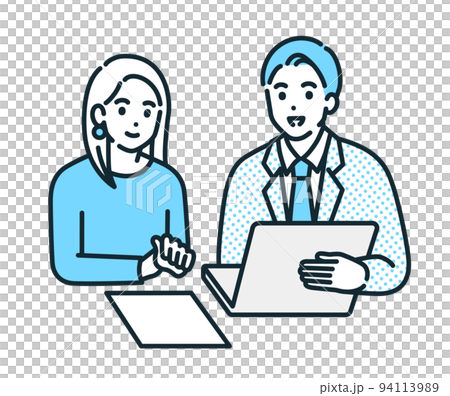 Illustration material of men and women who have a meeting while checking the personal computer and materials. Illustration material of men and women who have a meeting while checking the personal computer and materials. 94113989