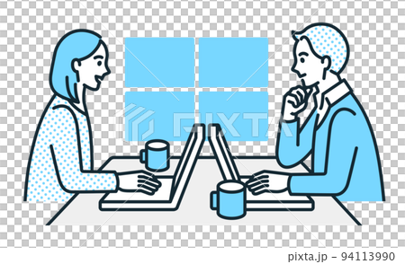 A state of fulfilling work from home. Illustration material of a couple who works remotely. 94113990