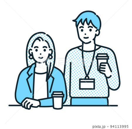仕事の合間のコーヒーブレイク。リラックスしたビジネスパーソンのイラスト。 94113995