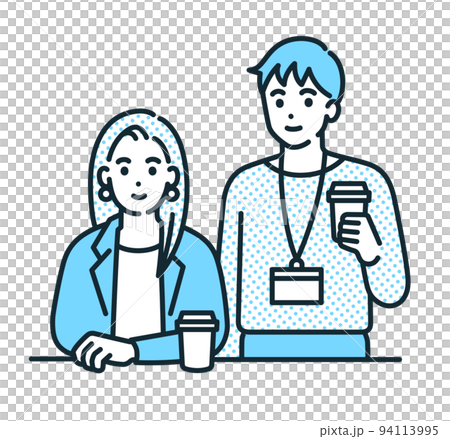 仕事の合間のコーヒーブレイク。リラックスしたビジネスパーソンのイラスト。 94113995