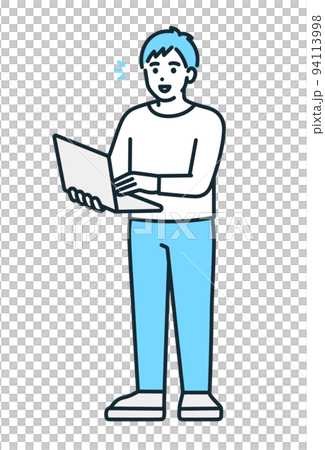 Full-body illustration material of an engineer man holding a personal computer. 94113998