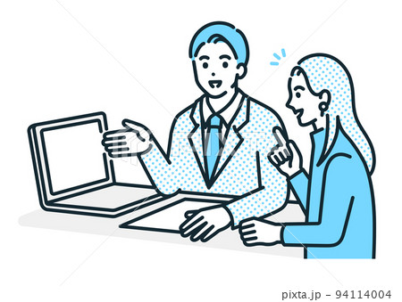 パソコン画面を見せ提案するビジネスパーソン。打ち合わせをする男性と女性のイラスト素材。 パソコン画面を見せ提案するビジネスパーソン。打ち合わせをする男性と女性のイラスト素材。 94114004
