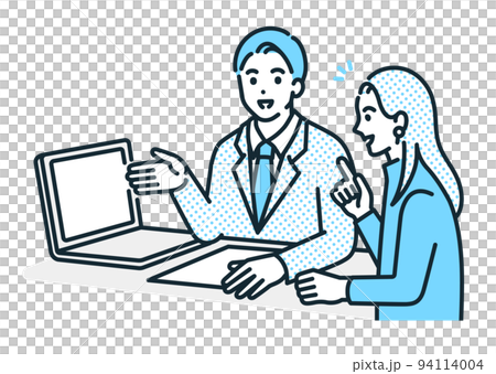 A business person who shows a computer screen and makes a proposal. Illustration material of a man and a woman having a meeting. 94114004